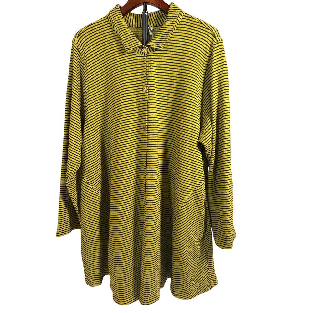 Yellow & Black Striped Open Front Button Down Cardigan Sweater Tunic  XL
